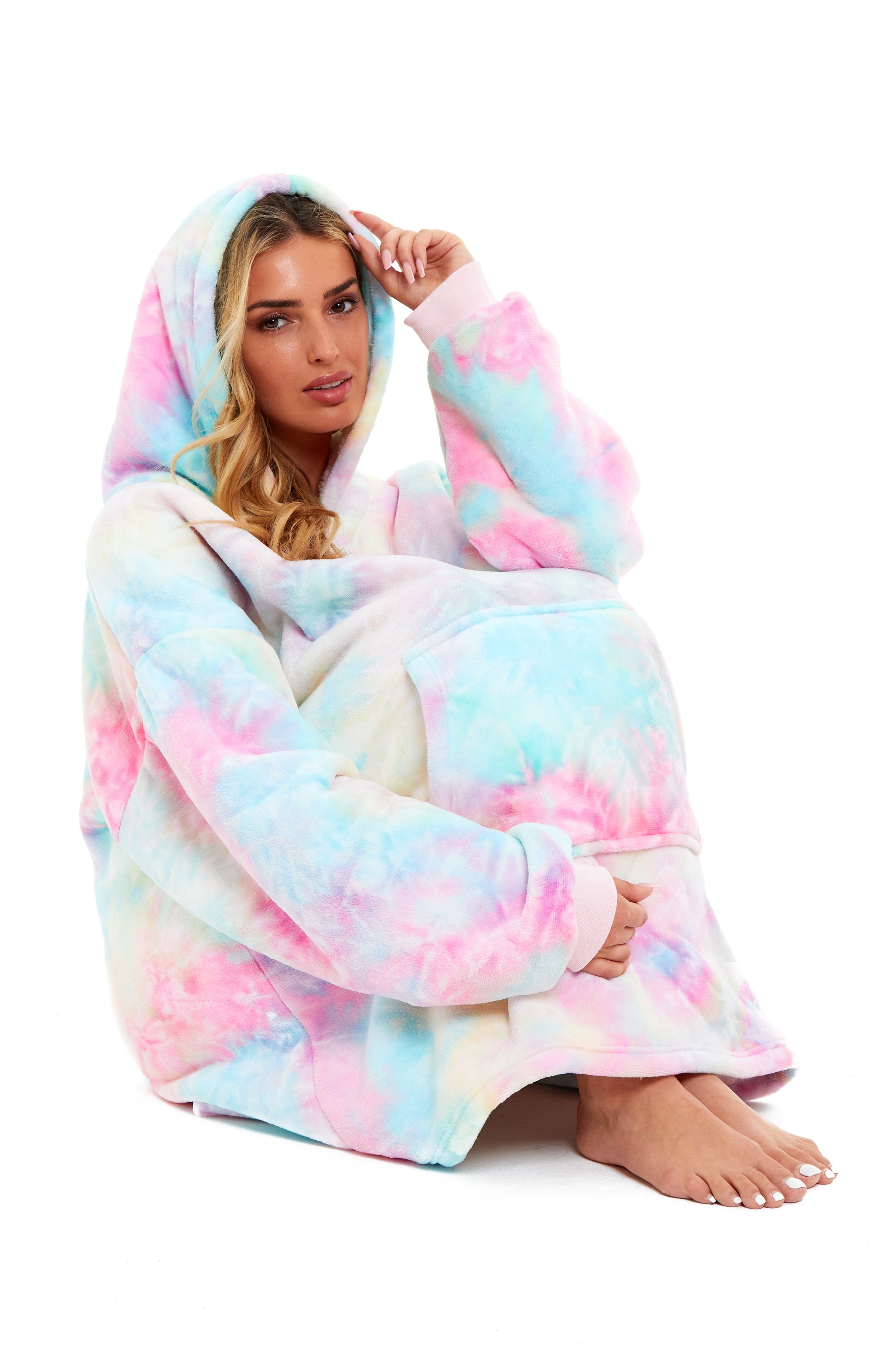 OLIVIA ROCCO Oversized Hooded Tie Dye Rainbow Plush Fleece Blanket With Reversible Sherpa Hoodie Sweatshirt For Adults And Kids Elastic Cuffs Pocket