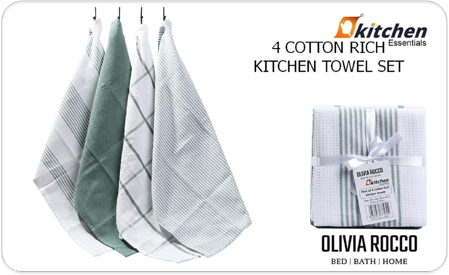 OLIVIA ROCCO Pack Of 4 Green Cotton Tea Towels 65x45 Cm High Absorbency Durable For Drying Dishes And Cleaning Spills For Everyday Kitchen