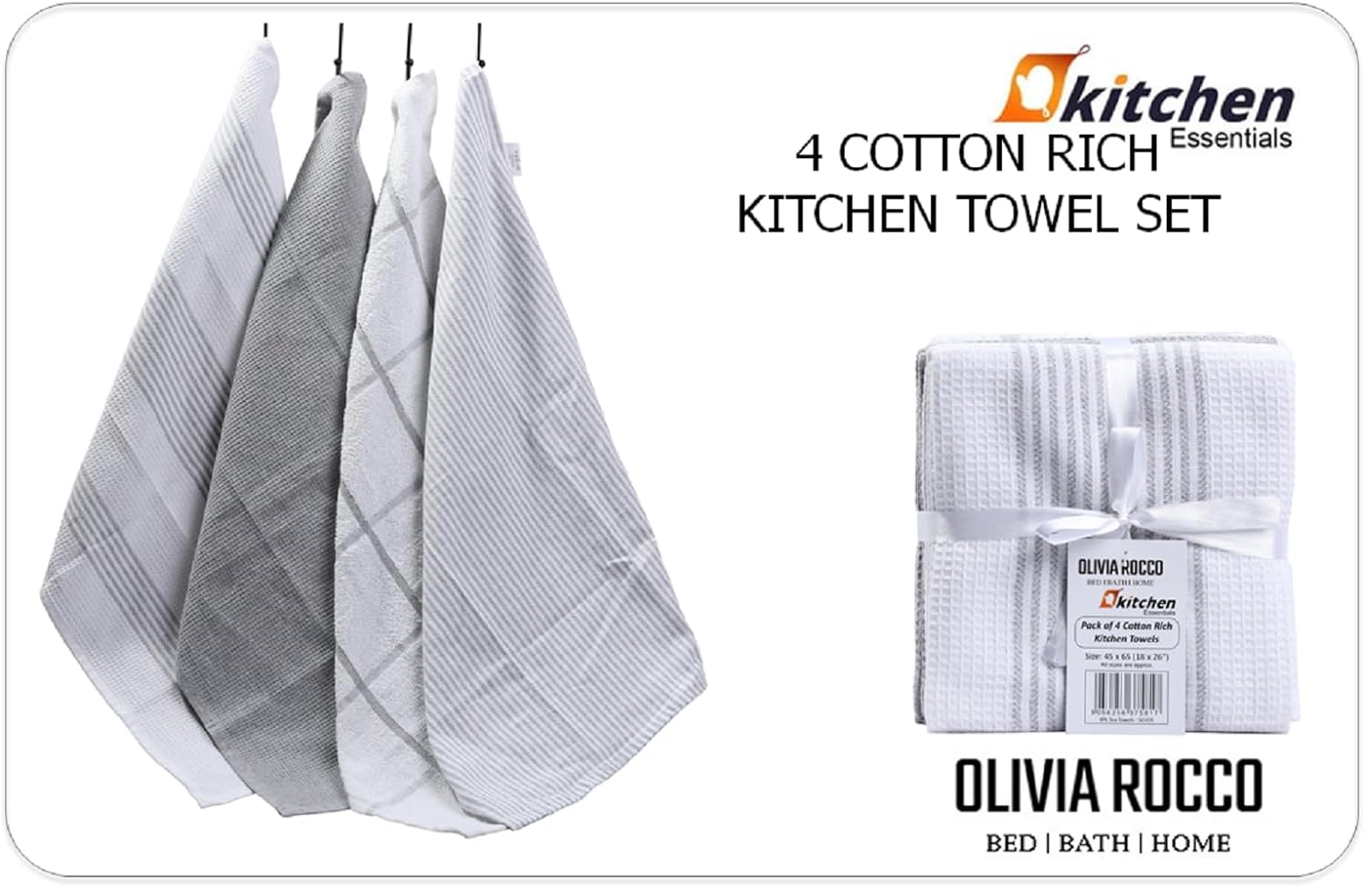OLIVIA ROCCO Pack Of 4 Green Cotton Tea Towels 65x45 Cm High Absorbency Durable For Drying Dishes And Cleaning Spills For Everyday Kitchen