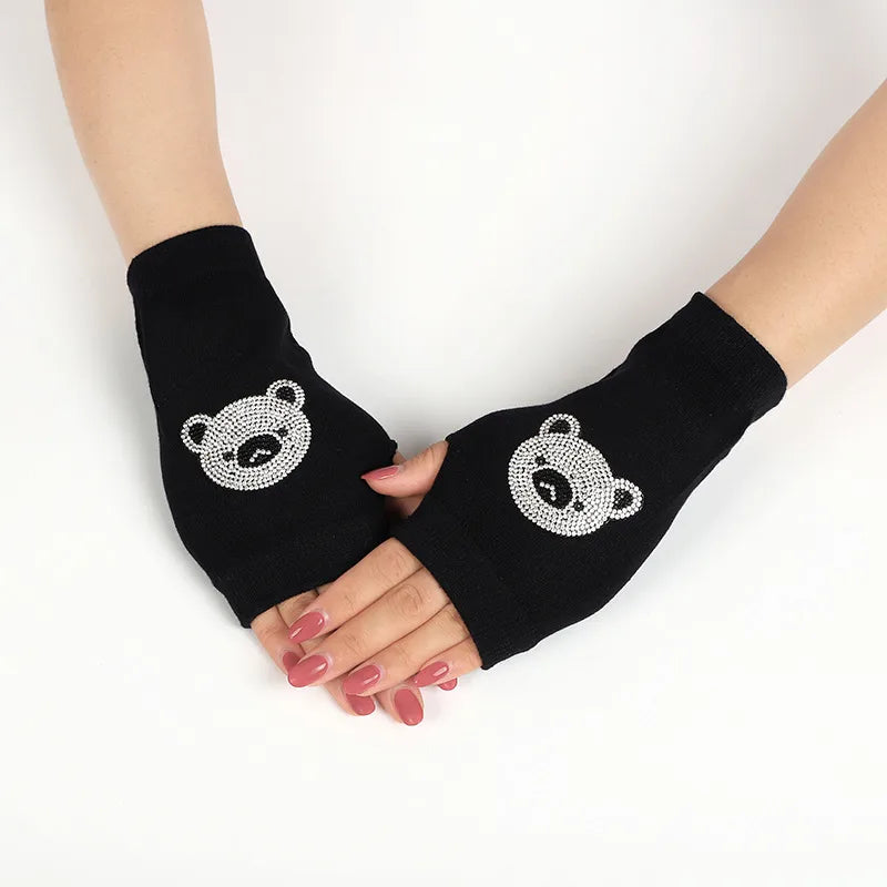 unisex retro bear owl flower knitted fabric gloves 1 pair