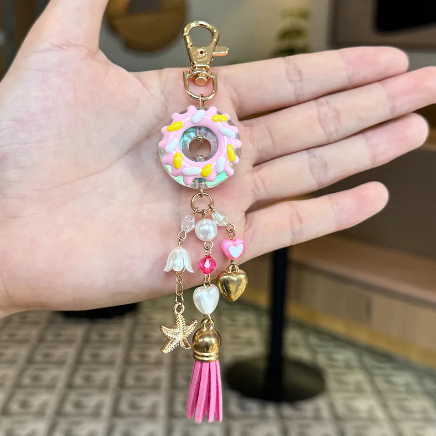 Cute Metal Keychain Pendant Beaded Bookbag Girl's Bag Charm Style Cartoon Design Half Handmade Flower