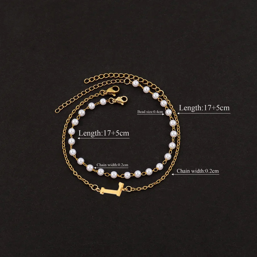 Elegant Simple Style Classic Style Letter 201 Stainless Steel 304 Stainless Steel Imitation Pearl Beaded Chain cable chain Beaded Bracelets Wholesale