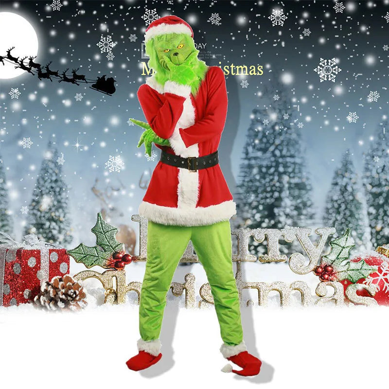 Green Grinch Halloween Costume Mask Headset Christmas Party Clothes Unisex Cotton Polyester Material Children's Party Outfit