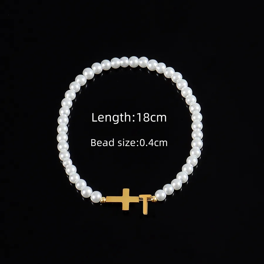 Classic Style Cross Letter 304 Stainless Steel Artificial Pearl Beaded Chain Beaded Bracelets Wholesale