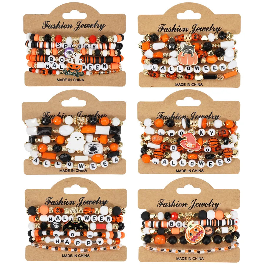 Halloween Party Bracelet Artificial Crystal Soft Clay String Beads Bracelet Pumpkin Ghost Bat Hat Pendant Bracelet Original Design