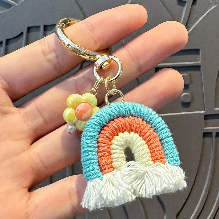 Cute Metal Keychain Pendant Beaded Bookbag Girl's Bag Charm Style Cartoon Design Half Handmade Flower