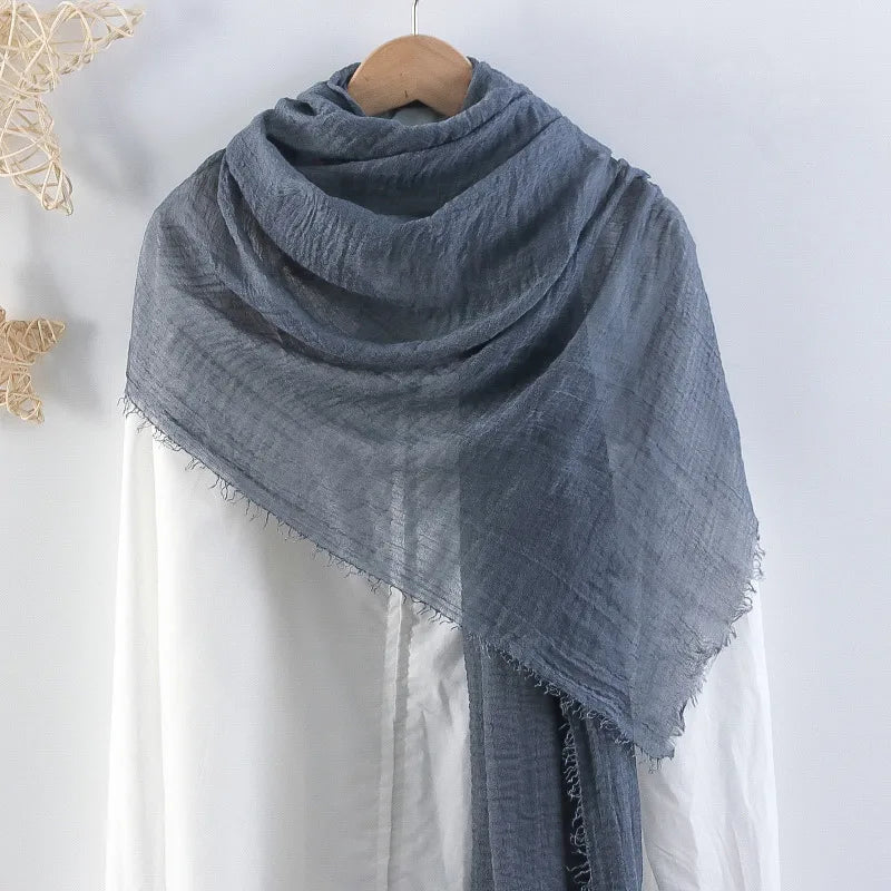 Hot selling solid color pleated cotton and linen scarf women's bag headscarf crumpled hair fringe bubble scarf women's scarf cover head