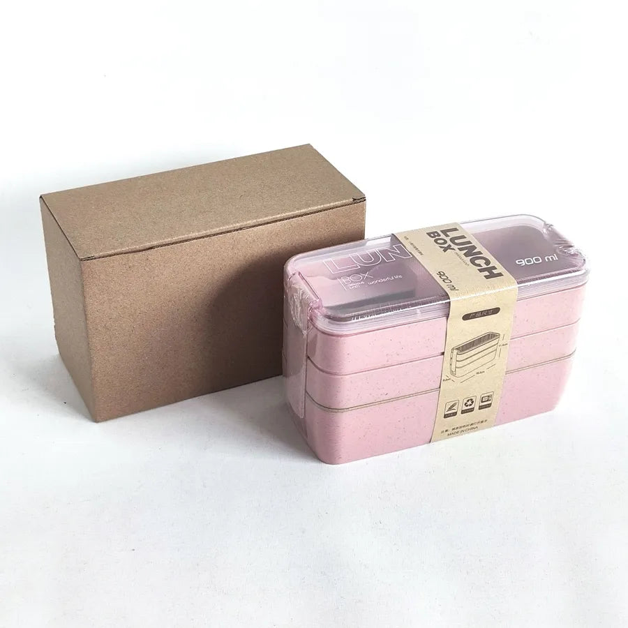 Square three-layer wheat straw fiber plastic lunch box student adult lunch box with tableware can be customized logo