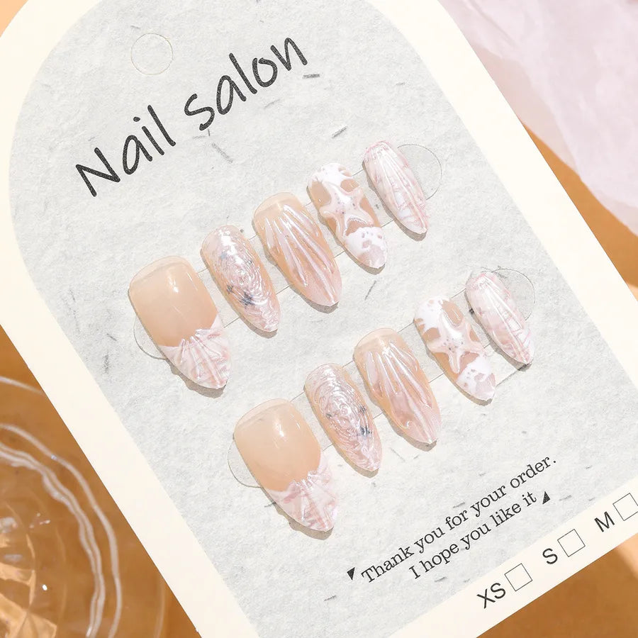 Handmade Almond Nail Press-Ons 3D Floral Shell Design Gradient White Effect European Style Nail Art False Nails Set