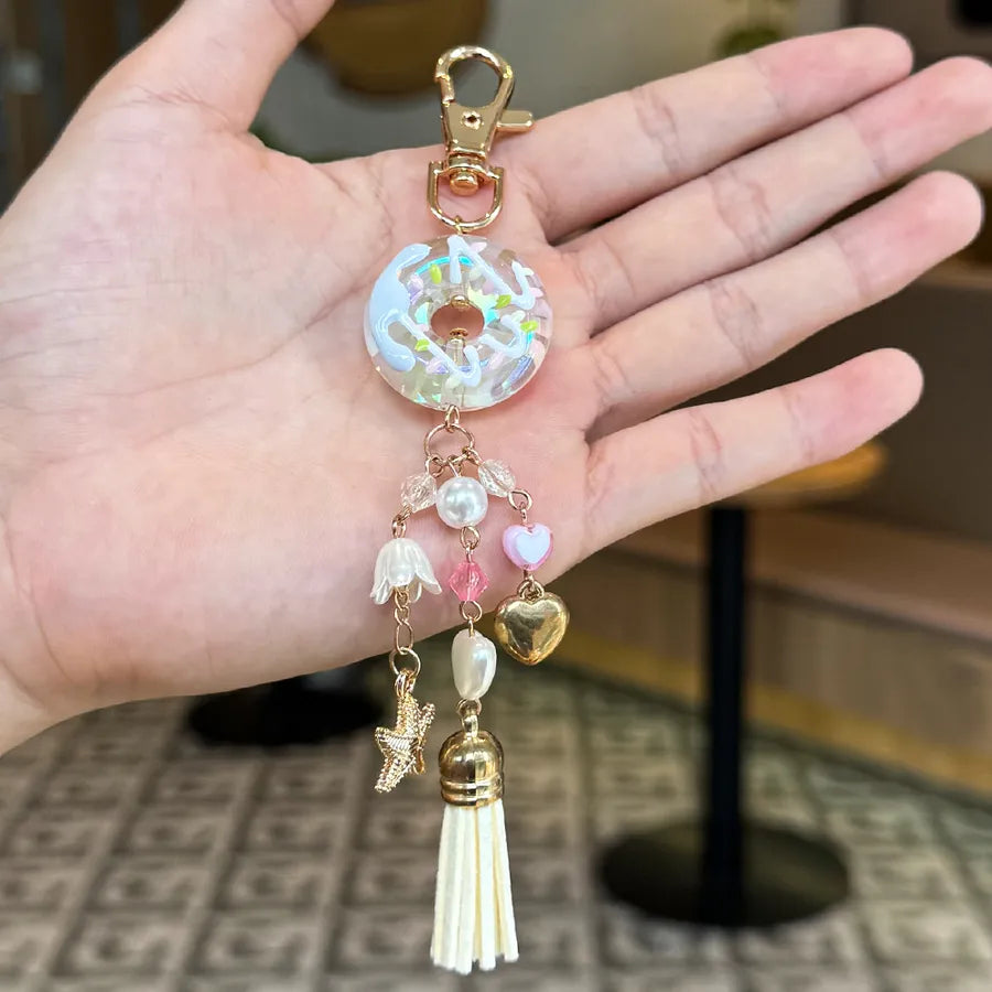 Cute Metal Keychain Pendant Beaded Bookbag Girl's Bag Charm Style Cartoon Design Half Handmade Flower