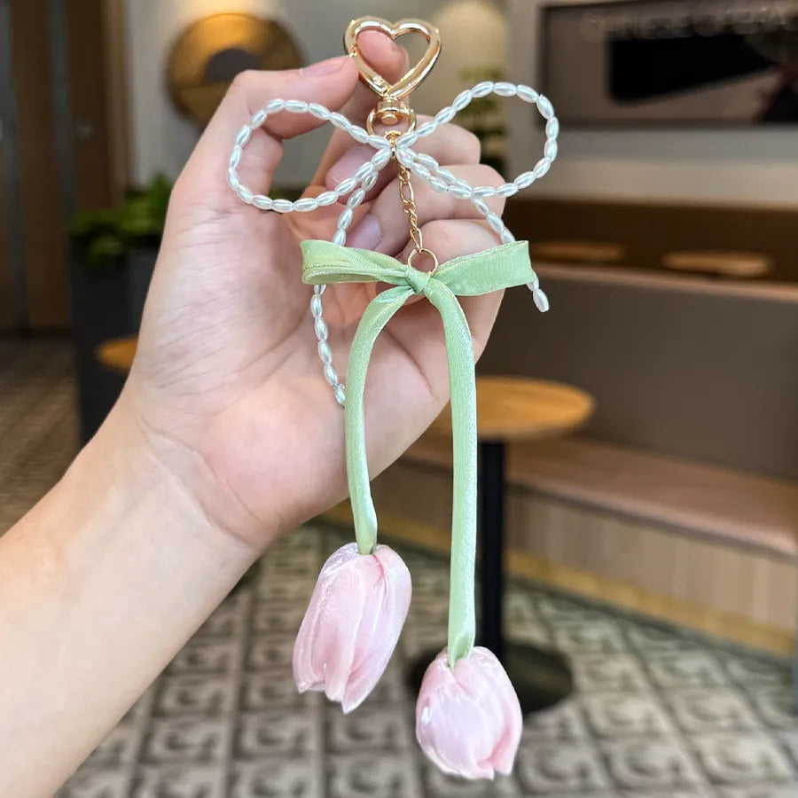 Cute Metal Keychain Pendant Beaded Bookbag Girl's Bag Charm Style Cartoon Design Half Handmade Flower