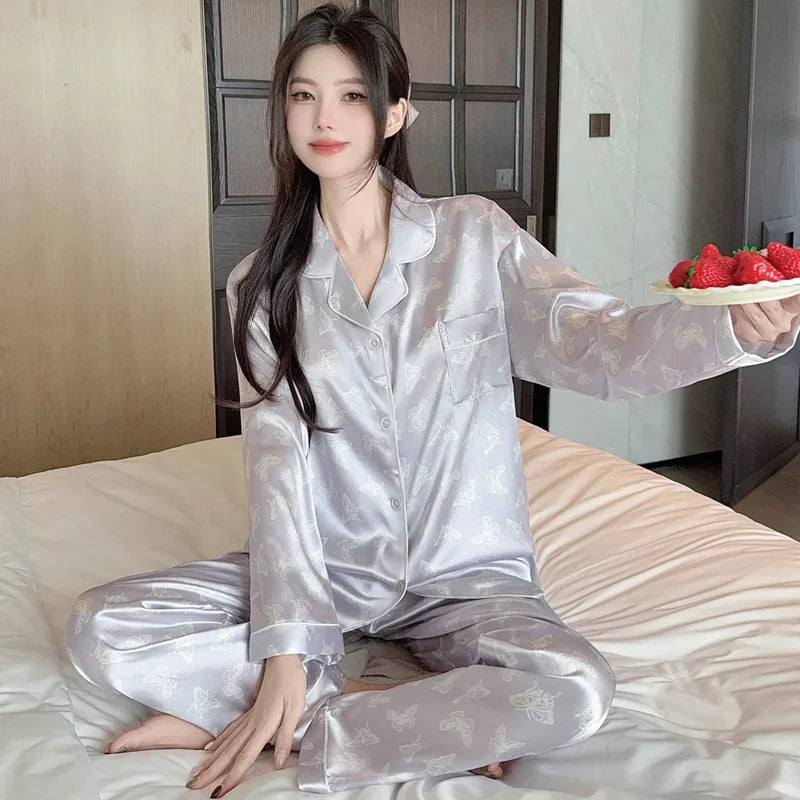 French Anti-Aging Sleepwear Women's Spring Autumn New Simple Polka Dot Long Sleeve Long Pants Ice Silk Home Clothes Fashion Set