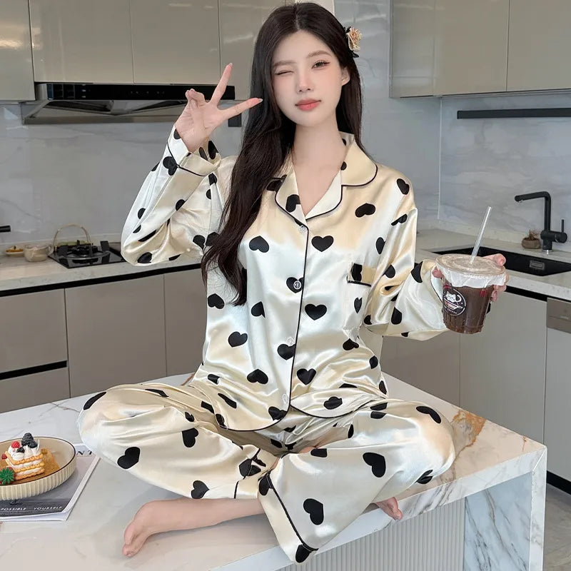 French Anti-Aging Sleepwear Women's Spring Autumn New Simple Polka Dot Long Sleeve Long Pants Ice Silk Home Clothes Fashion Set