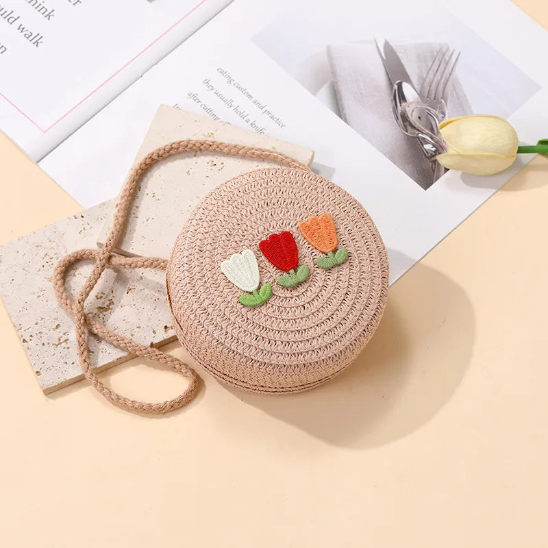 Summer Back Seaside Woven Children's Bag Female All-Match and Cute Little Girl Tulip Straw Bag Vacation Style