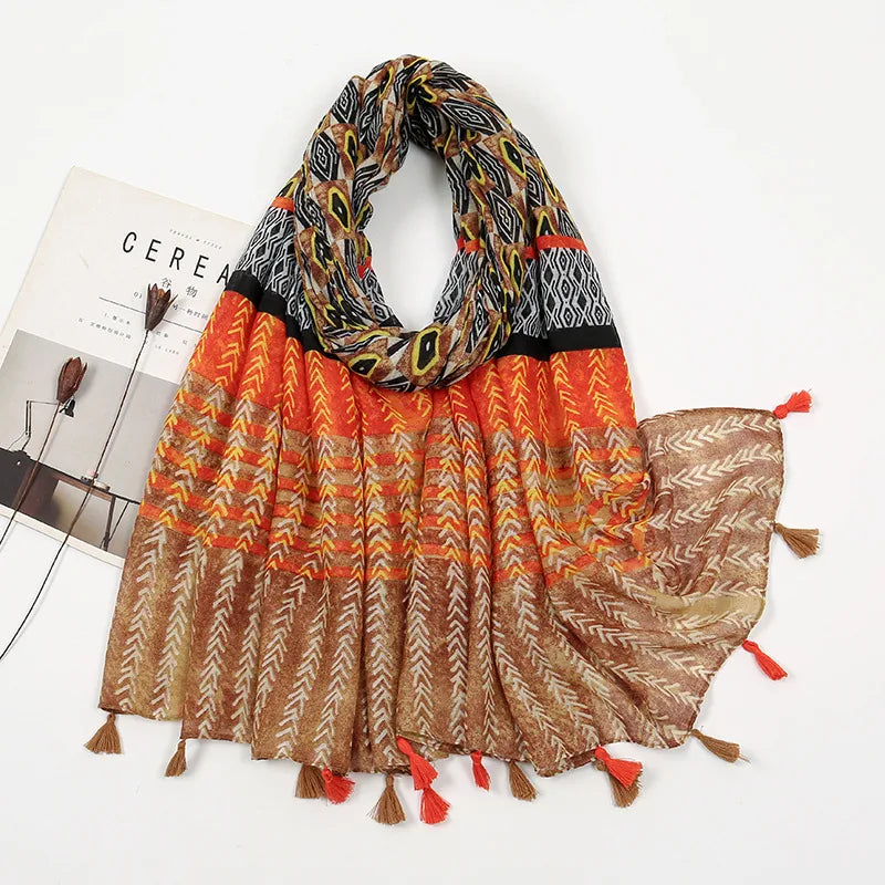 women's sweet flower cotton and linen tassel silk scarves
