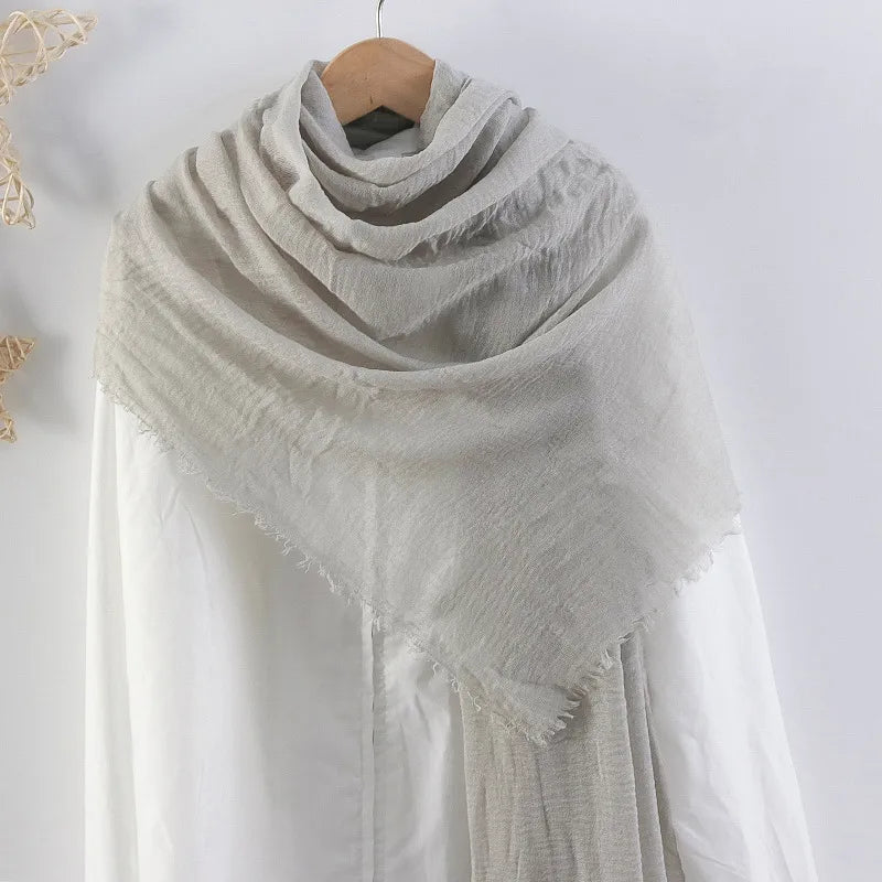 Hot selling solid color pleated cotton and linen scarf women's bag headscarf crumpled hair fringe bubble scarf women's scarf cover head