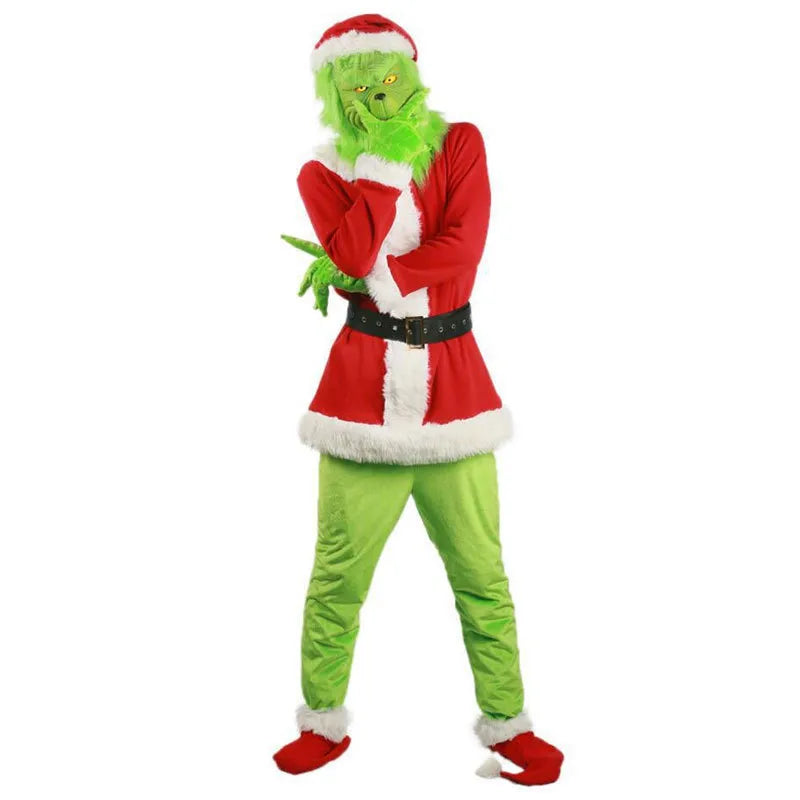 Green Grinch Halloween Costume Mask Headset Christmas Party Clothes Unisex Cotton Polyester Material Children's Party Outfit