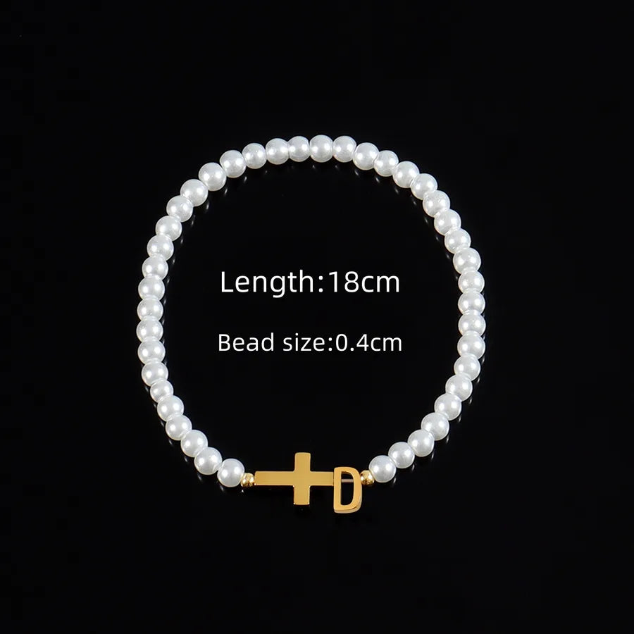 Classic Style Cross Letter 304 Stainless Steel Artificial Pearl Beaded Chain Beaded Bracelets Wholesale