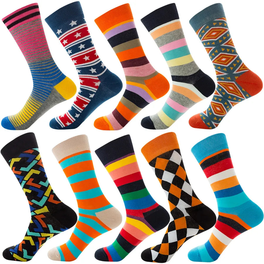 Men's Modern Style Classic Style Color Block Stripe Fruit Cotton Crew Socks A Set of 10 Pairs