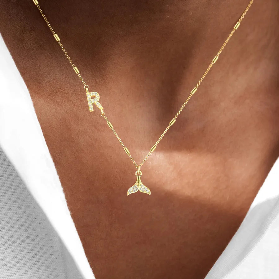 Wholesale Jewelry Elegant Simple Style Classic Style Letter Fish Tail 201 Stainless Steel Copper Zircon Tube Pendant Necklace