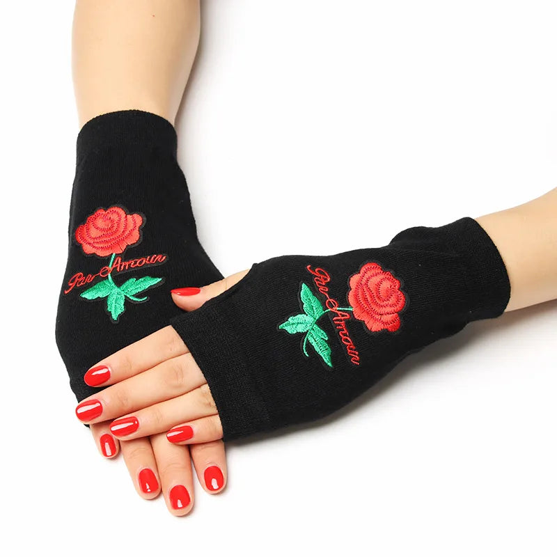 unisex retro bear owl flower knitted fabric gloves 1 pair