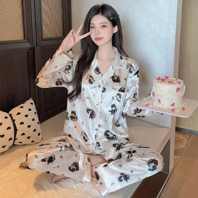 French Anti-Aging Sleepwear Women's Spring Autumn New Simple Polka Dot Long Sleeve Long Pants Ice Silk Home Clothes Fashion Set