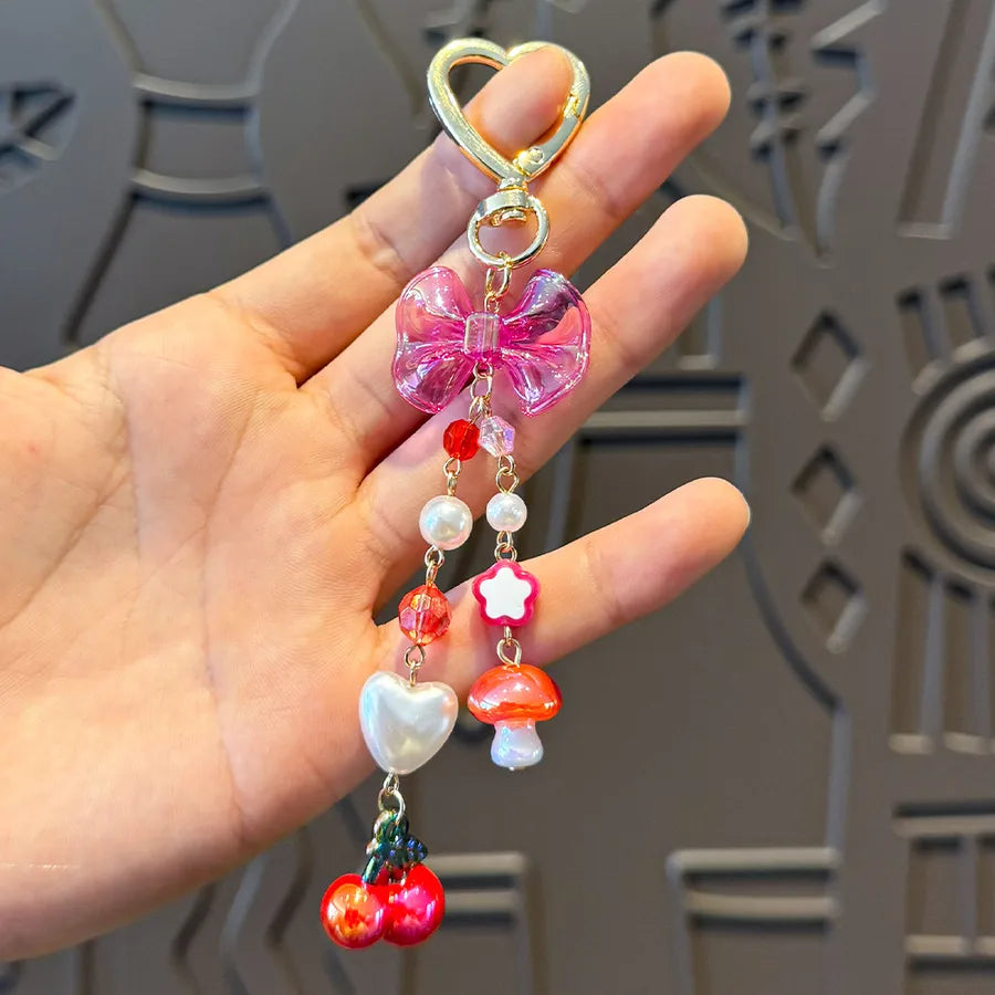 Cute Metal Keychain Pendant Beaded Bookbag Girl's Bag Charm Style Cartoon Design Half Handmade Flower