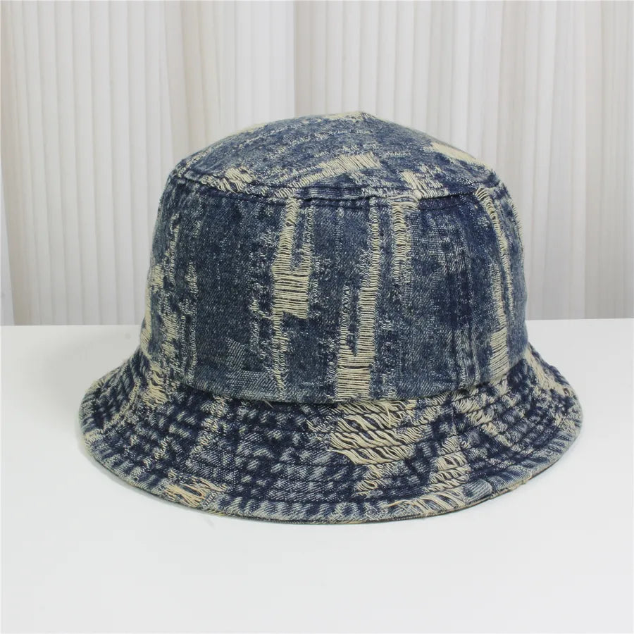 Retro New Style Denim Fishing Cap Women's Harajuku Sun Protection Bucket Hat Cuffed Tear Design Casual Versatile Streetwear
