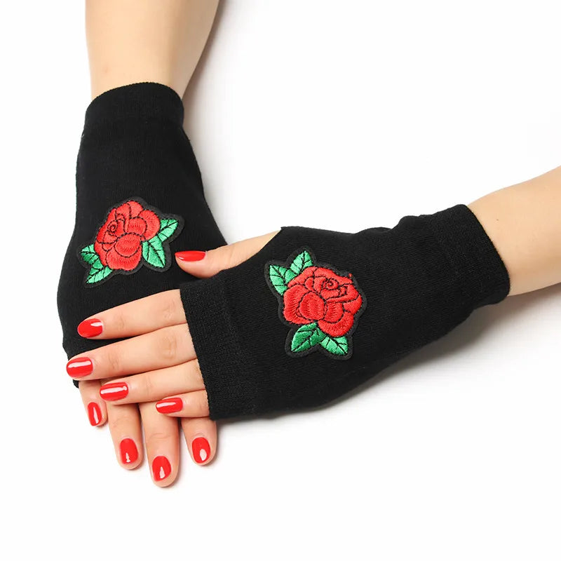 unisex retro bear owl flower knitted fabric gloves 1 pair