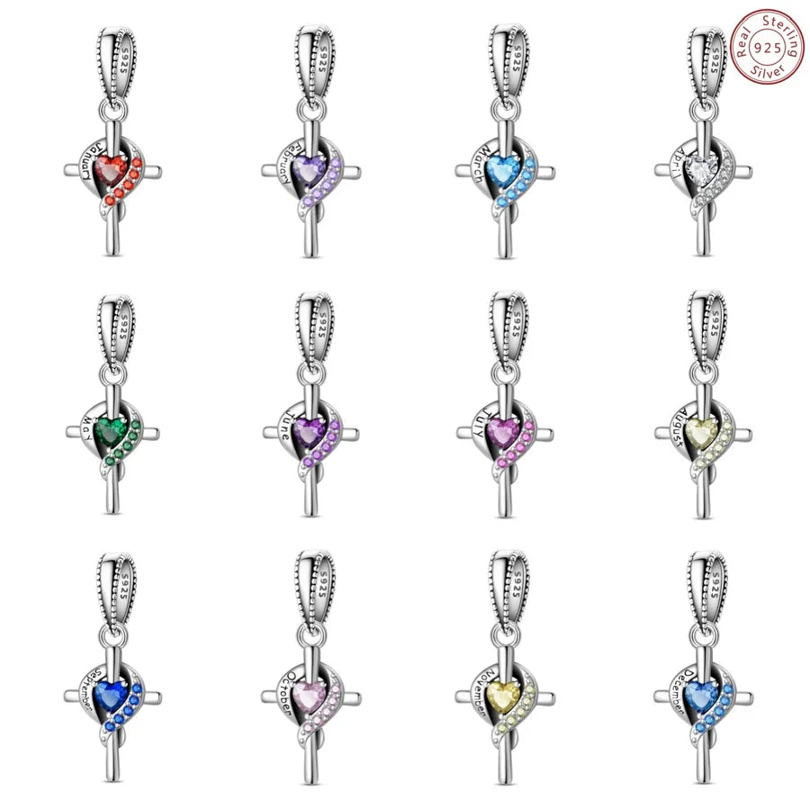 New 925 Sterling Silver Charm Birthstone Pendant DIY Jewelry Bracelet Accessories Attractive Cross Design Original Design