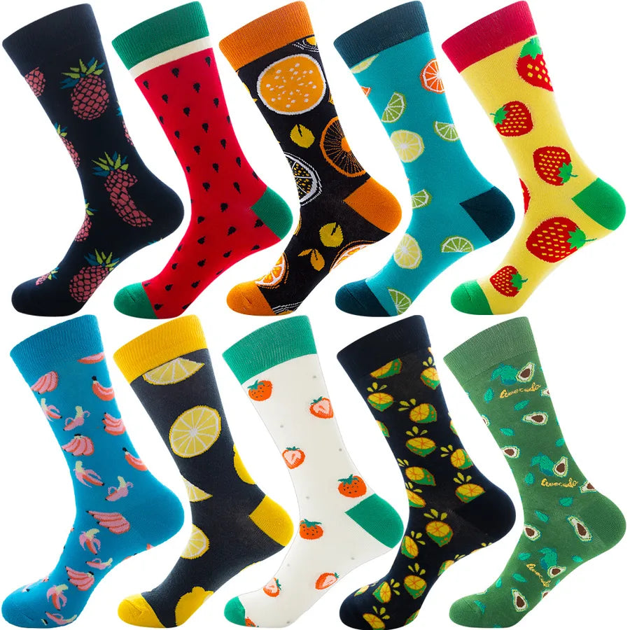 Men's Modern Style Classic Style Color Block Stripe Fruit Cotton Crew Socks A Set of 10 Pairs