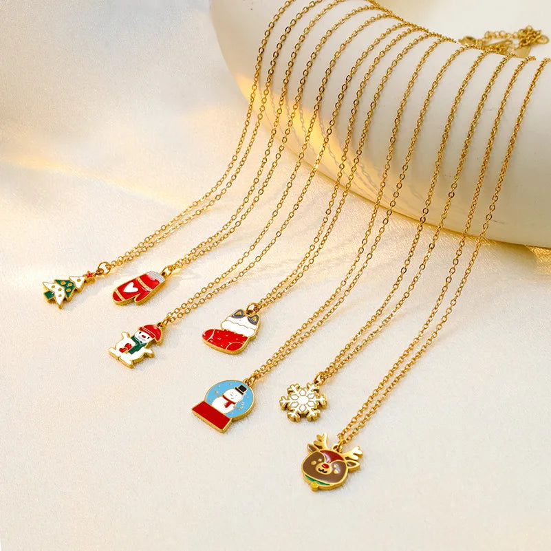 Christmas Creative Design Sense Bell Necklace Women's Versatile Pendant Oil Drop Deer Snowman Cartoon Stainless Steel Titanium Steel