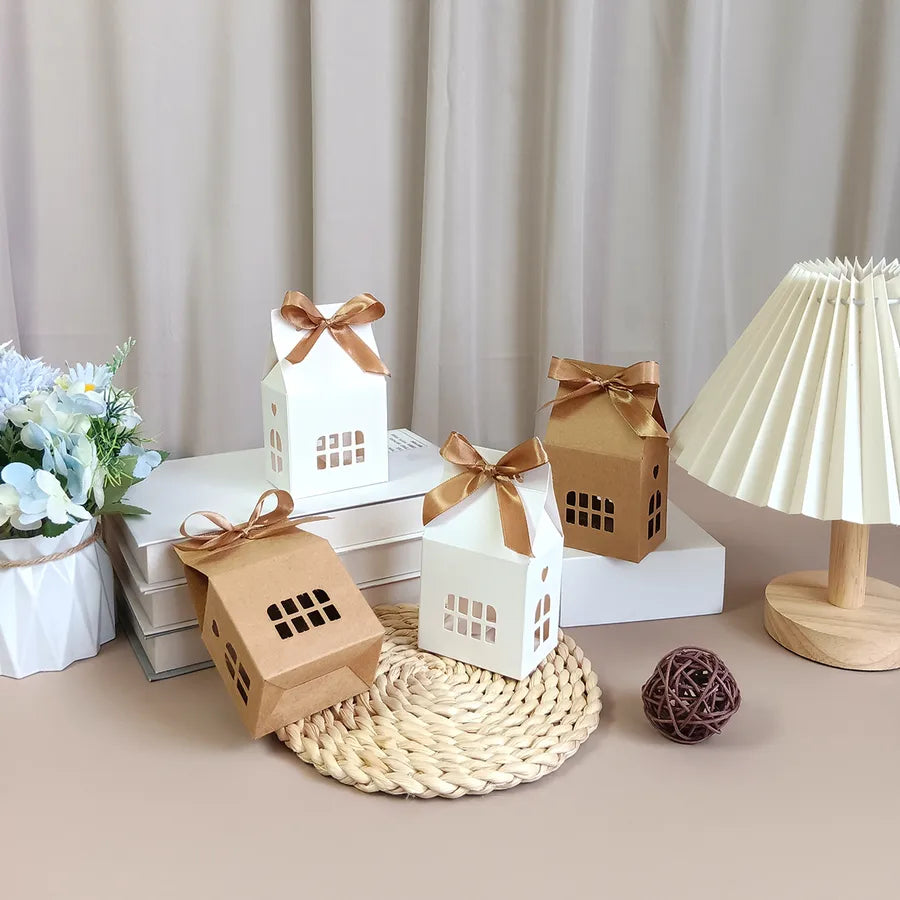 Christmas Gingerbread House Candy Gift Box With Butterfly Knot High End White Kraft Paper Luxury Packaging Box For Presents