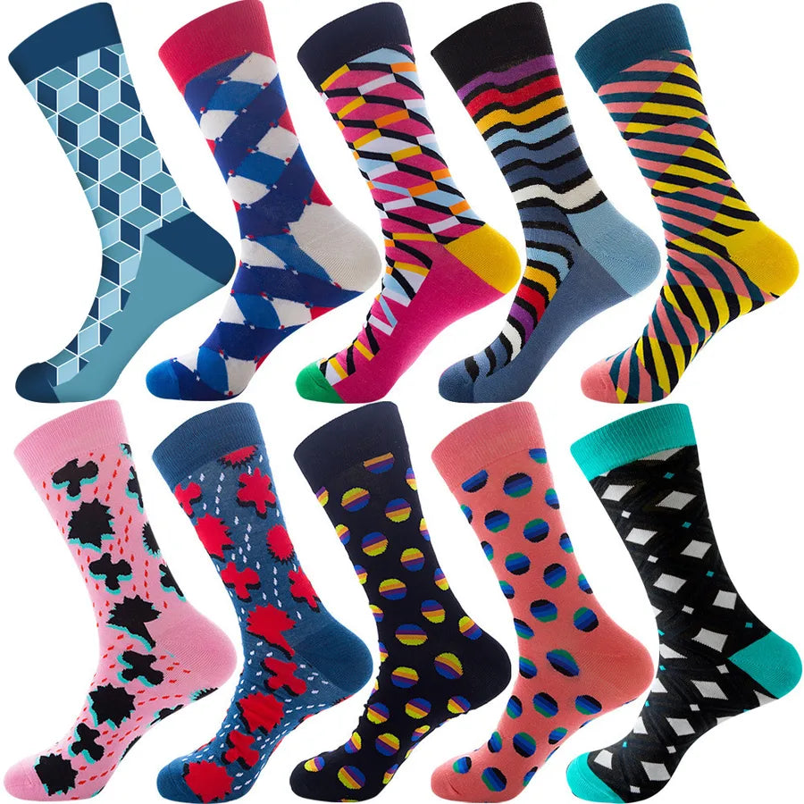 Men's Modern Style Classic Style Color Block Stripe Fruit Cotton Crew Socks A Set of 10 Pairs