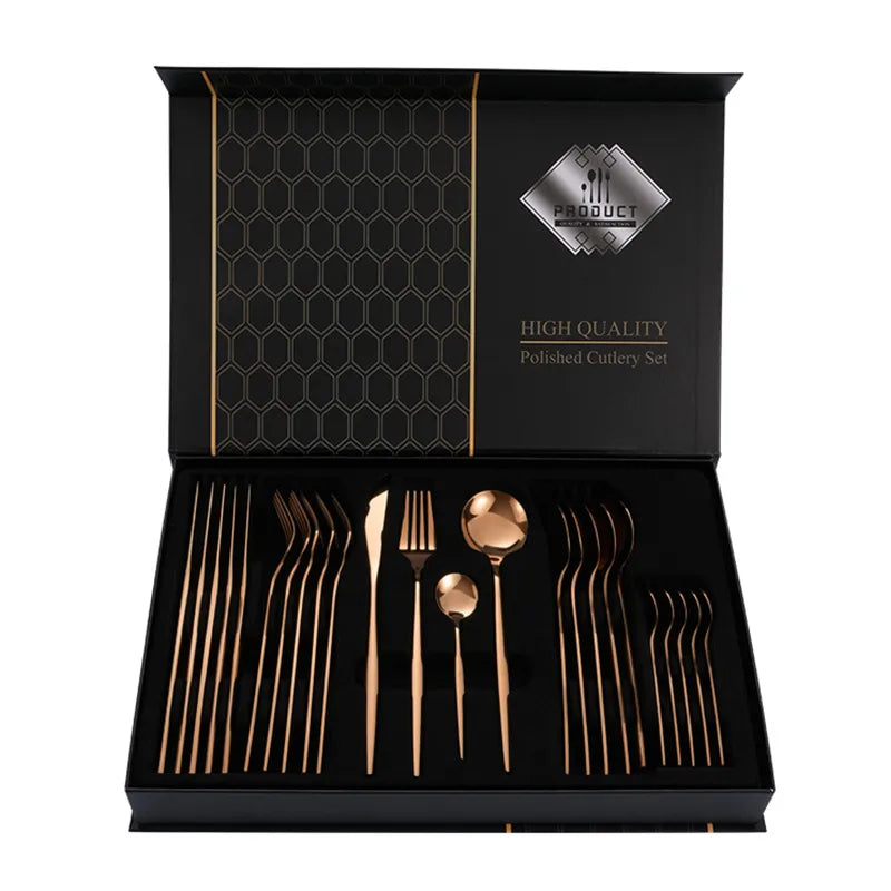 1010 stainless steel tableware 24-piece golden steak knife, fork and spoon gift box Western tableware suit