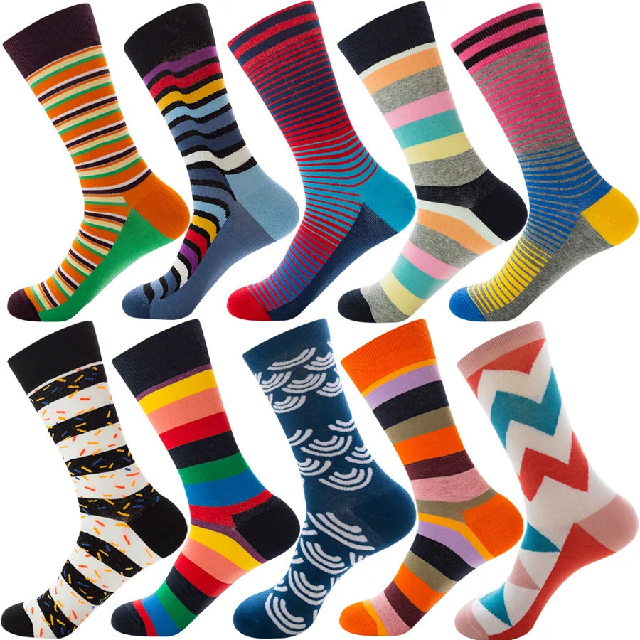 Men's Modern Style Classic Style Color Block Stripe Fruit Cotton Crew Socks A Set of 10 Pairs