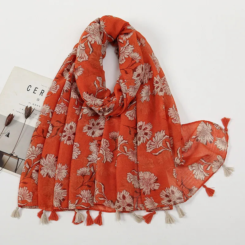 women's sweet flower cotton and linen tassel silk scarves