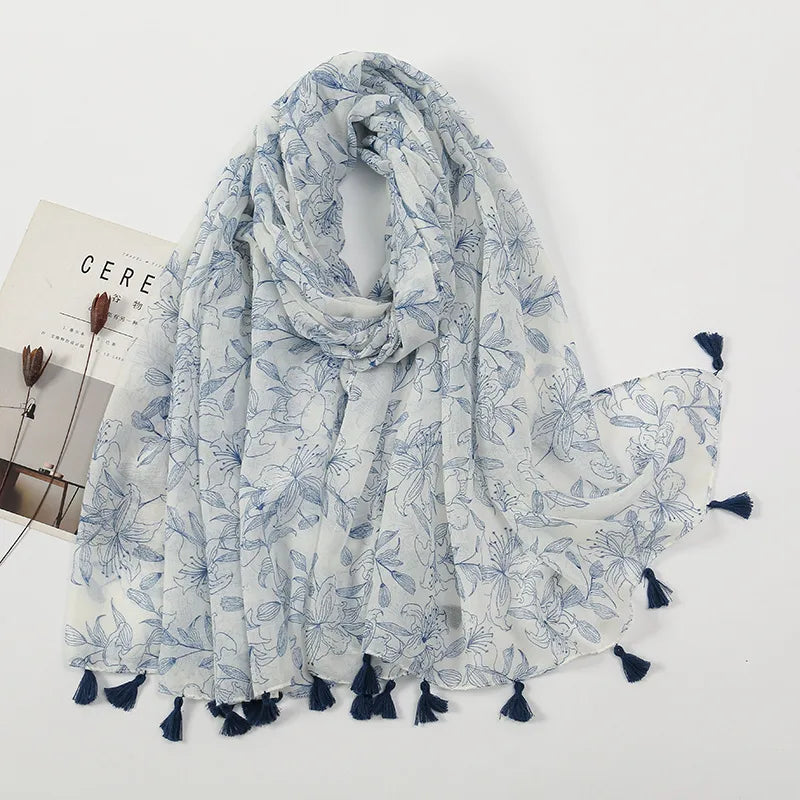 women's sweet flower cotton and linen tassel silk scarves
