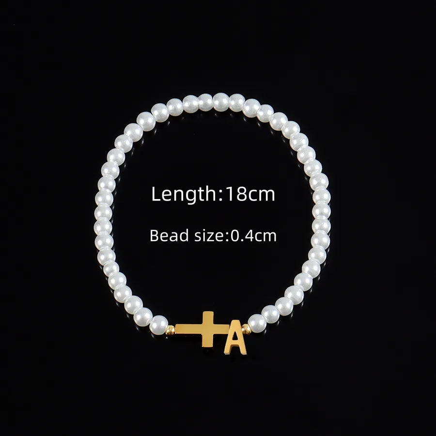 Classic Style Cross Letter 304 Stainless Steel Artificial Pearl Beaded Chain Beaded Bracelets Wholesale
