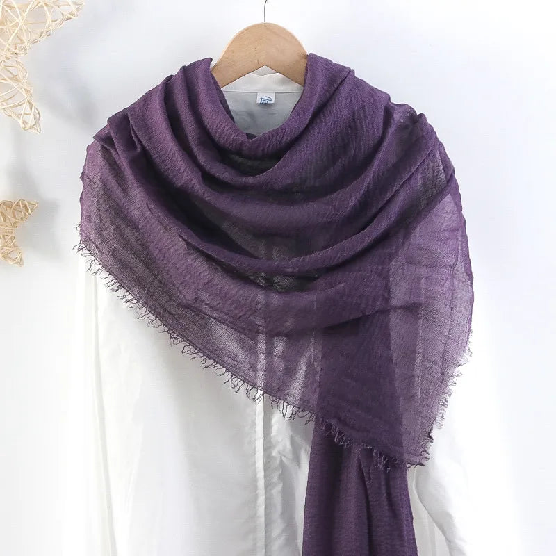 Hot selling solid color pleated cotton and linen scarf women's bag headscarf crumpled hair fringe bubble scarf women's scarf cover head