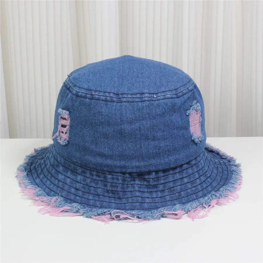 Retro New Style Denim Fishing Cap Women's Harajuku Sun Protection Bucket Hat Cuffed Tear Design Casual Versatile Streetwear