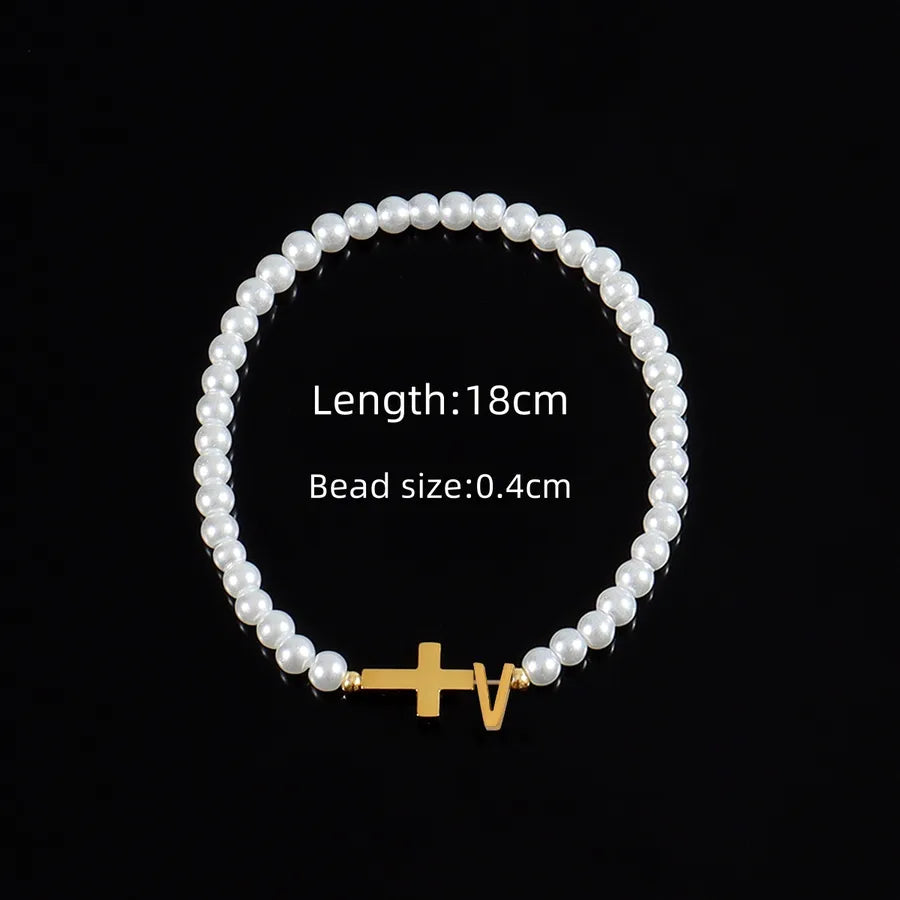 Classic Style Cross Letter 304 Stainless Steel Artificial Pearl Beaded Chain Beaded Bracelets Wholesale