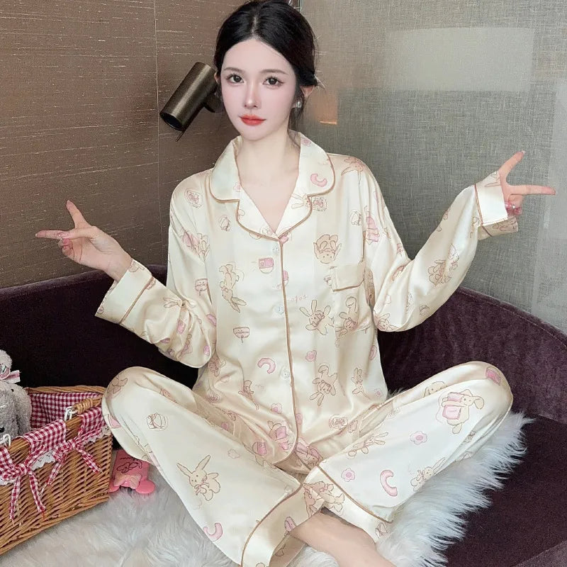French Anti-Aging Sleepwear Women's Spring Autumn New Simple Polka Dot Long Sleeve Long Pants Ice Silk Home Clothes Fashion Set