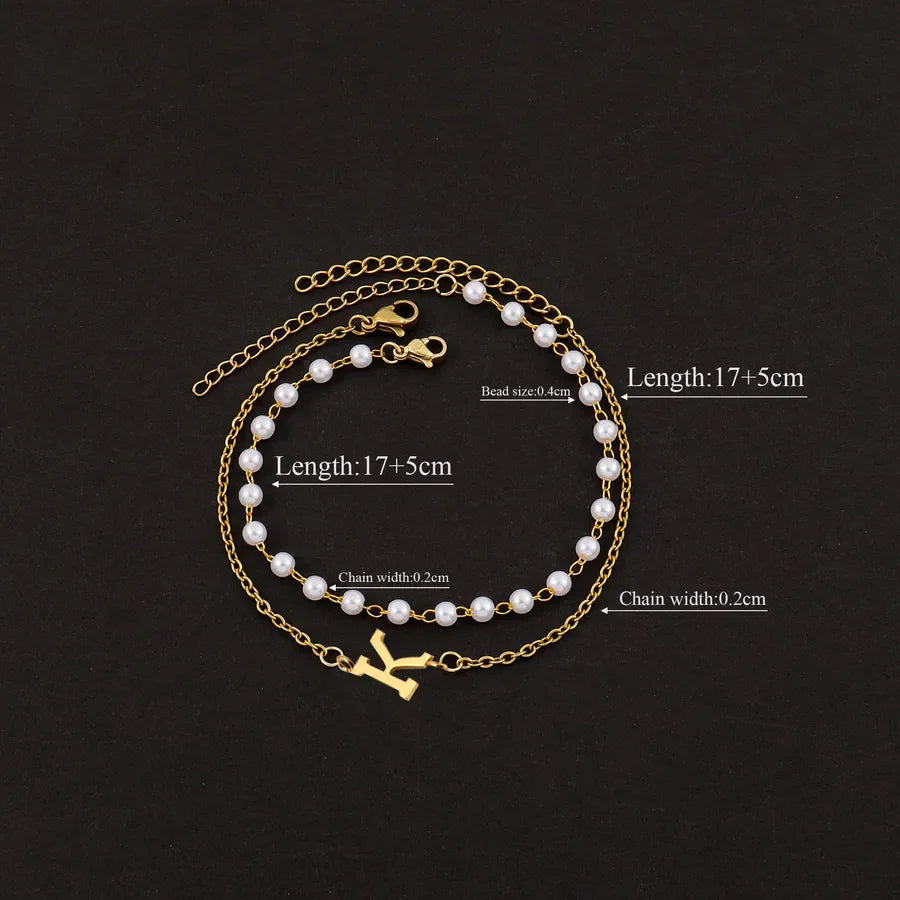 Elegant Simple Style Classic Style Letter 201 Stainless Steel 304 Stainless Steel Imitation Pearl Beaded Chain cable chain Beaded Bracelets Wholesale
