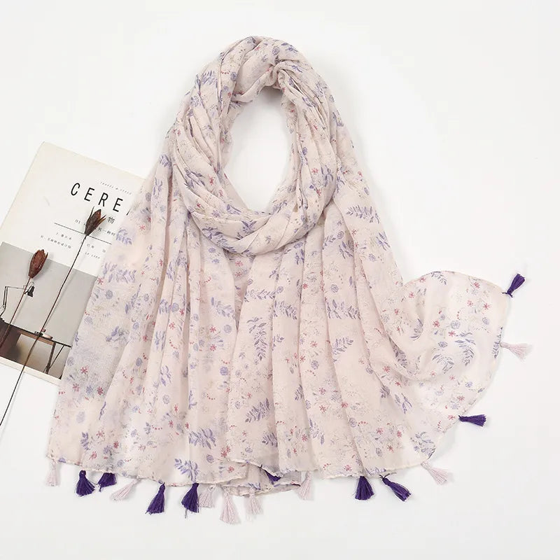 women's sweet flower cotton and linen tassel silk scarves