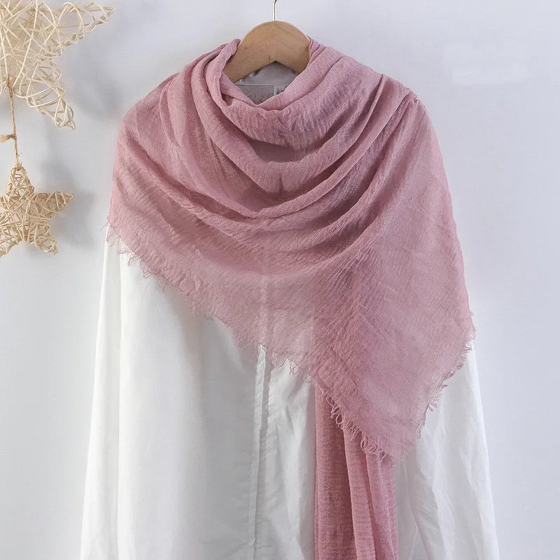 Hot selling solid color pleated cotton and linen scarf women's bag headscarf crumpled hair fringe bubble scarf women's scarf cover head