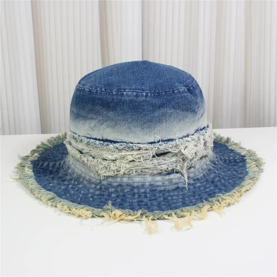 Retro New Style Denim Fishing Cap Women's Harajuku Sun Protection Bucket Hat Cuffed Tear Design Casual Versatile Streetwear