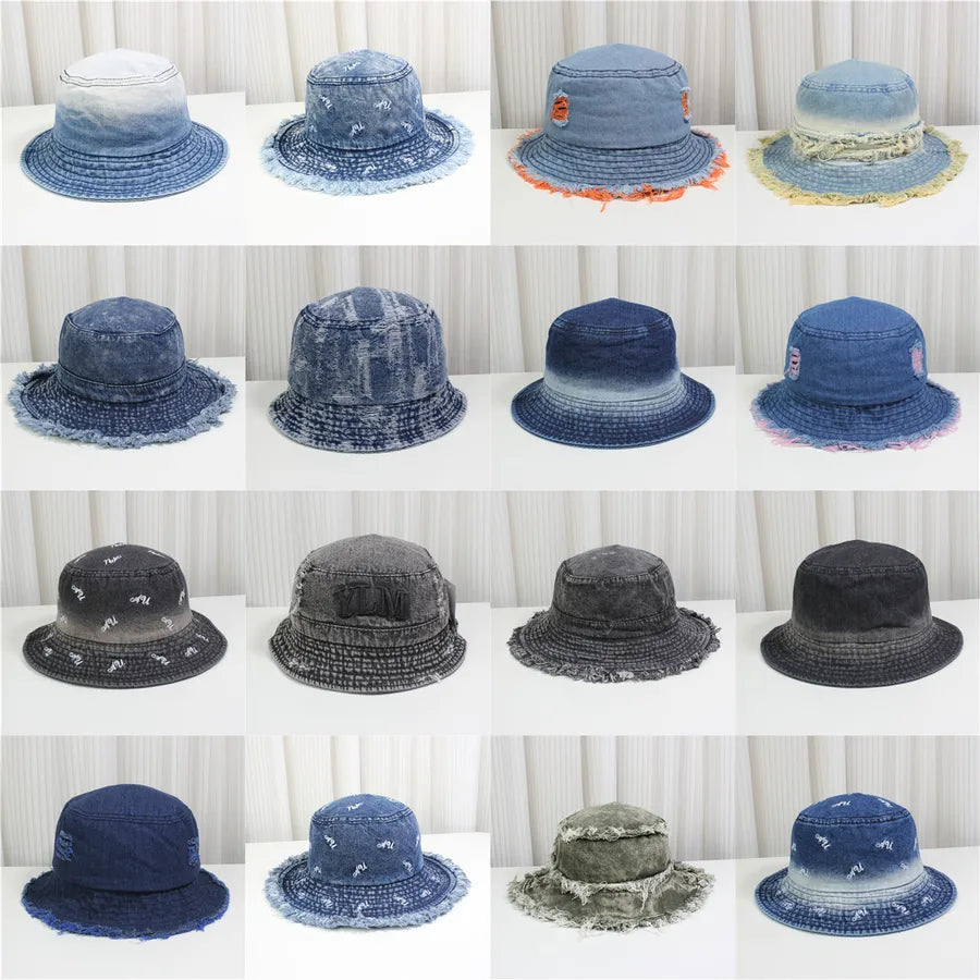 Retro New Style Denim Fishing Cap Women's Harajuku Sun Protection Bucket Hat Cuffed Tear Design Casual Versatile Streetwear