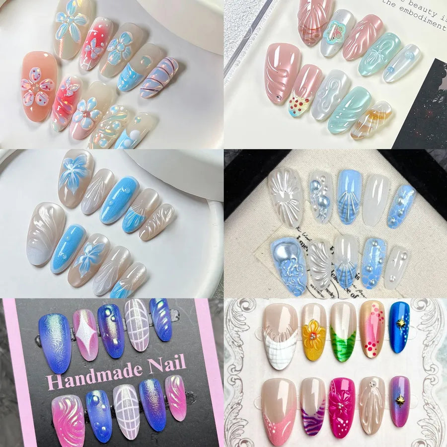 Handmade Almond Nail Press-Ons 3D Floral Shell Design Gradient White Effect European Style Nail Art False Nails Set