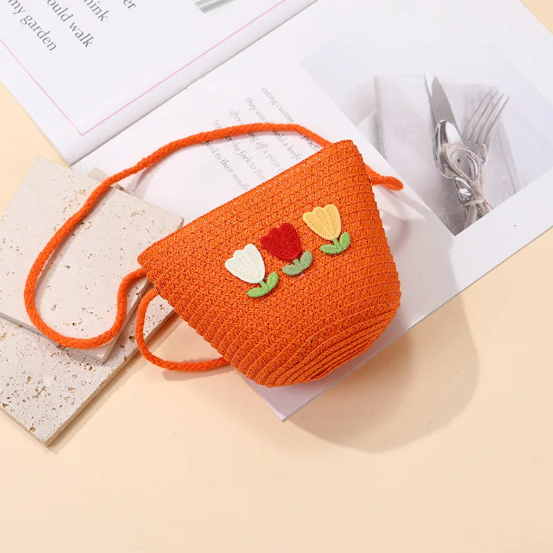 Summer Back Seaside Woven Children's Bag Female All-Match and Cute Little Girl Tulip Straw Bag Vacation Style